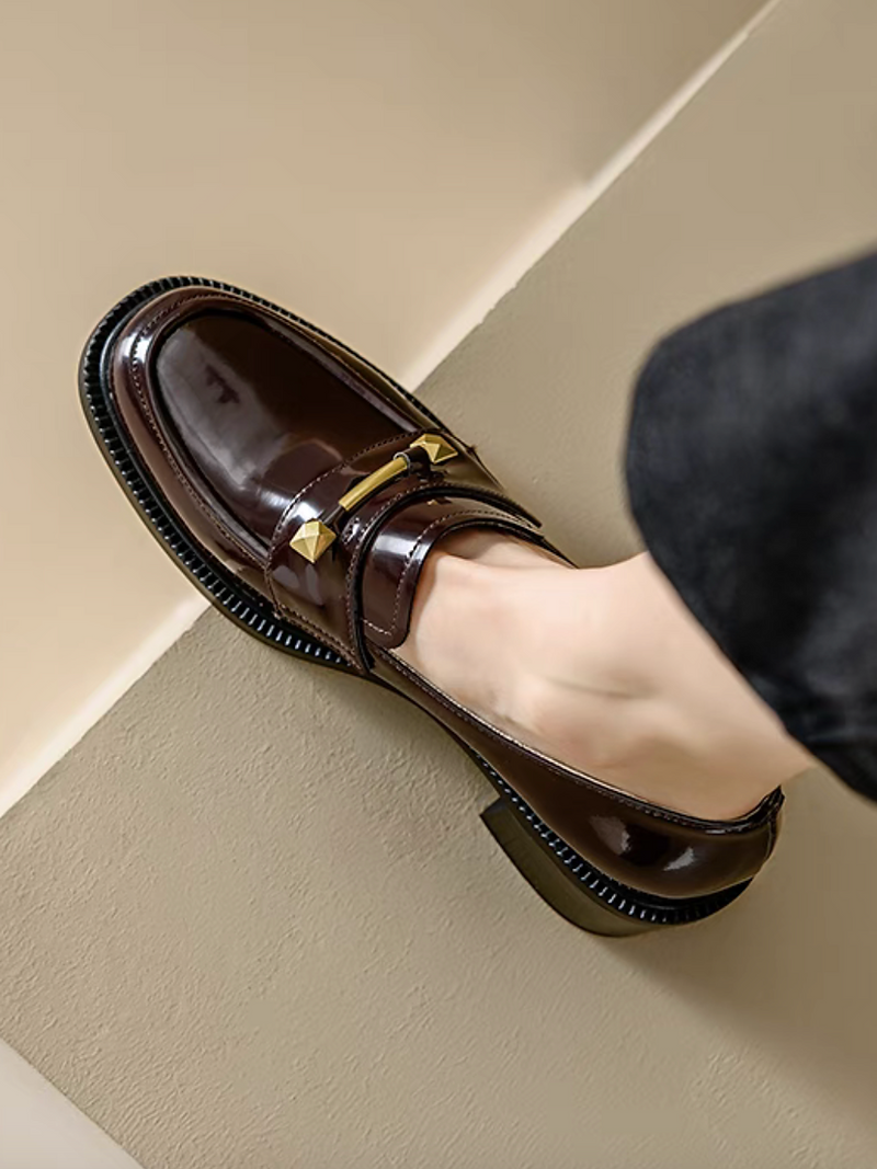 Matte golden strut bar contour calf leather oil waxed chunky heel loafers 13