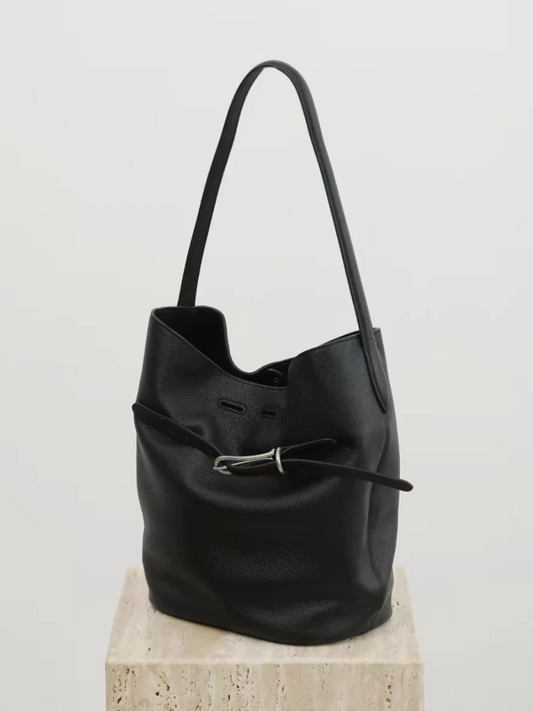 Toga embossed calf leather bucket drape curved buckle shoulder + crossbody bag 13