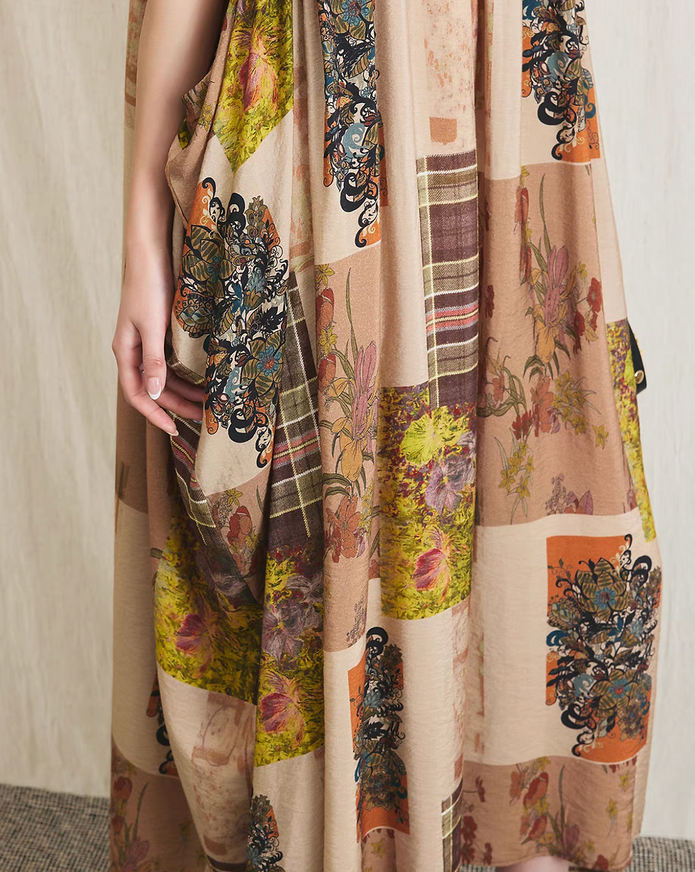 Thumbnail: Floral crochet docking patterned poly rayon asymmetric pocket slipdress
