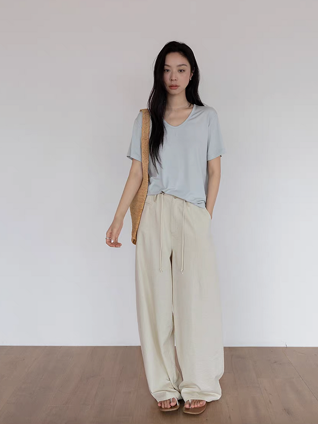 Drawstring cotton linen relaxed straight pants 9