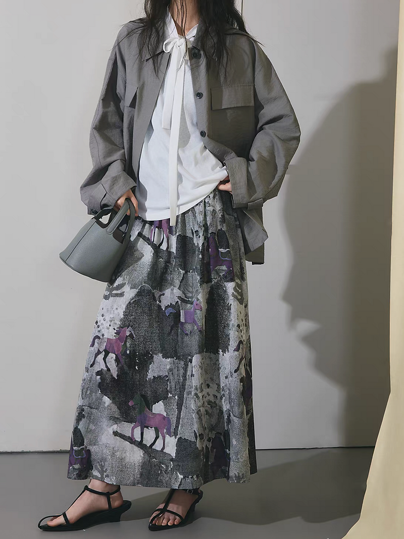 Pony print greyish purple print poly rayon back elasticated skirt 7