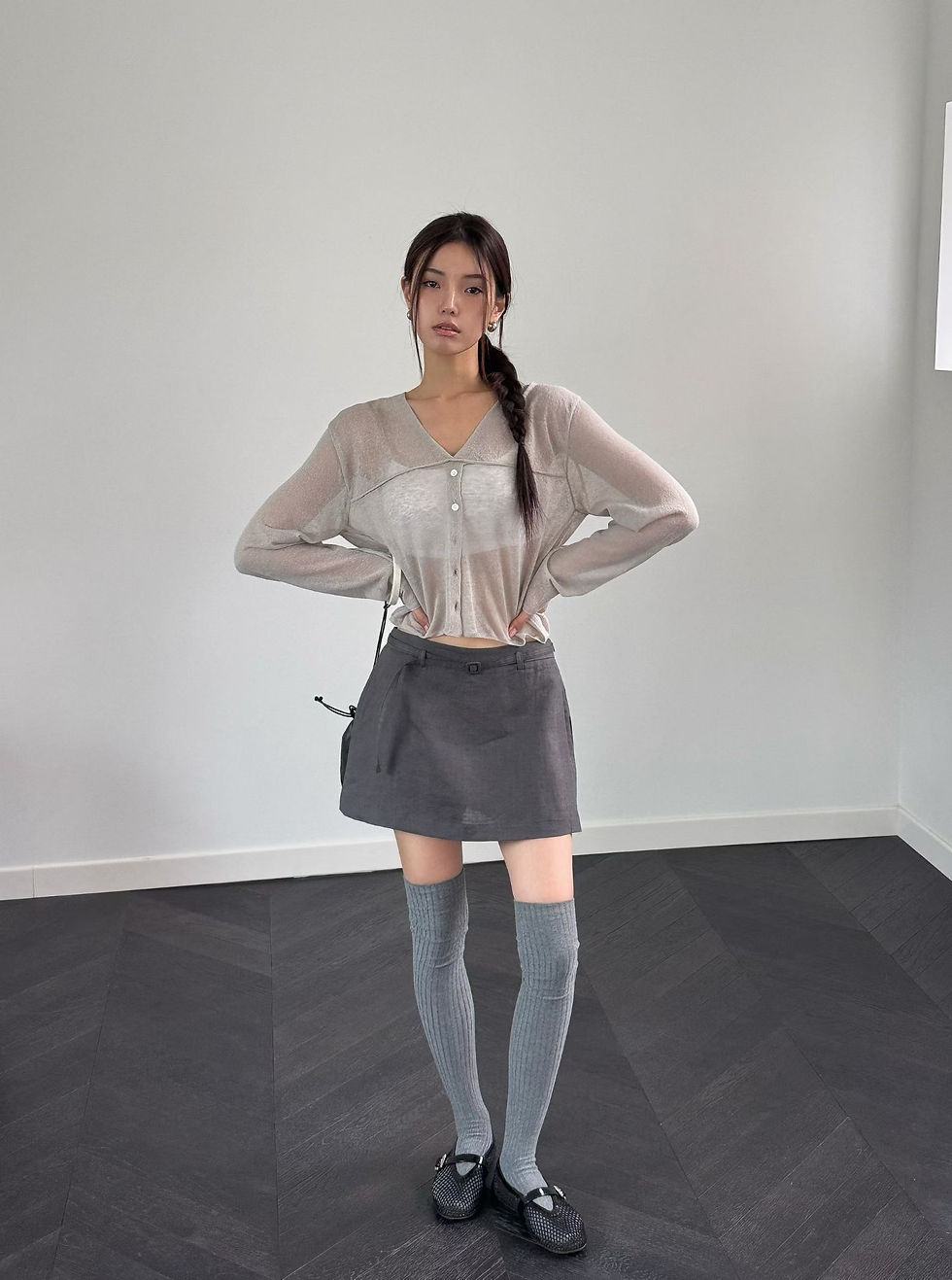 Thumbnail: Belted linen high waisted layered skirt shorts 