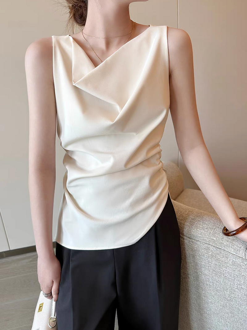 Asymmetric side pleats silt ivory poly rayon vest 7