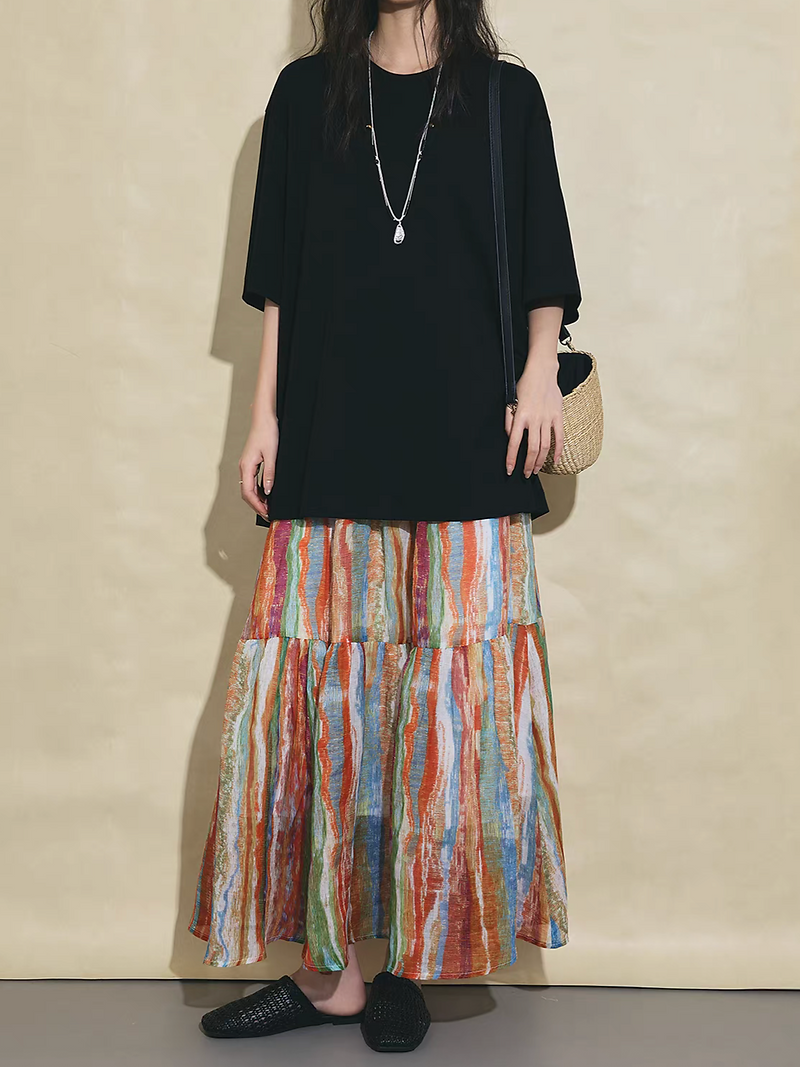 Colorful pure linen abstract pattern lined elasticated skirt 13