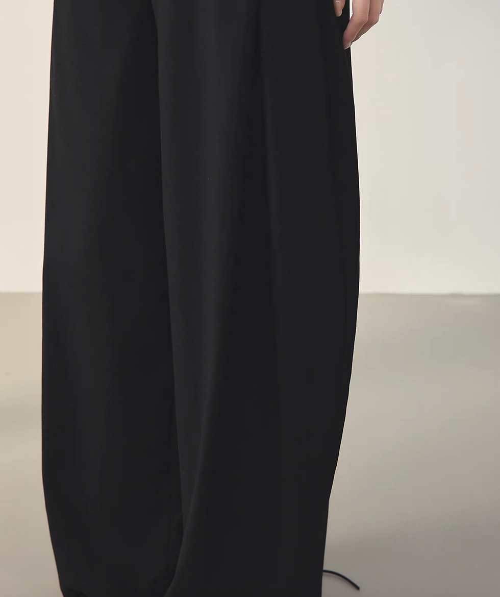 Thumbnail: Belted cotton rayon poly black barrel pants