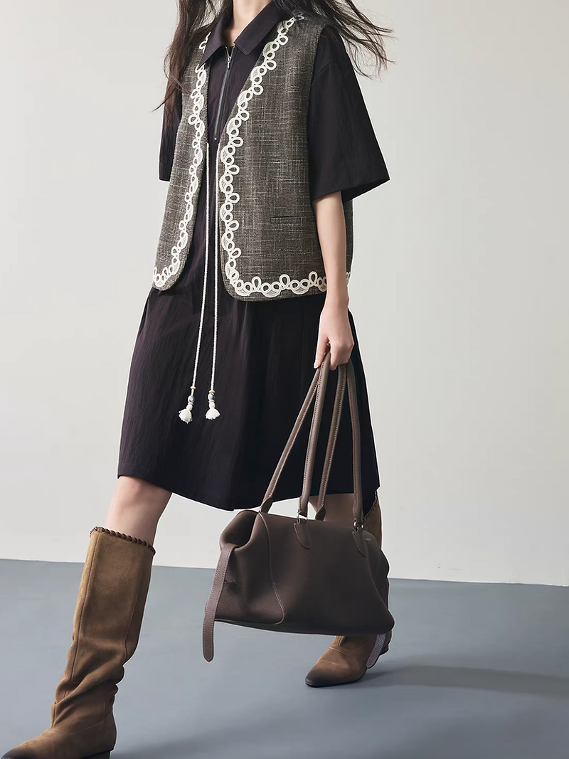 V neck embroidered trim tassels mocha pure cotton checker vest 10