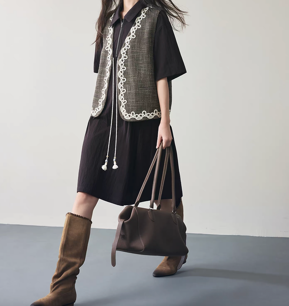 Thumbnail: V neck embroidered trim tassels mocha pure cotton checker vest