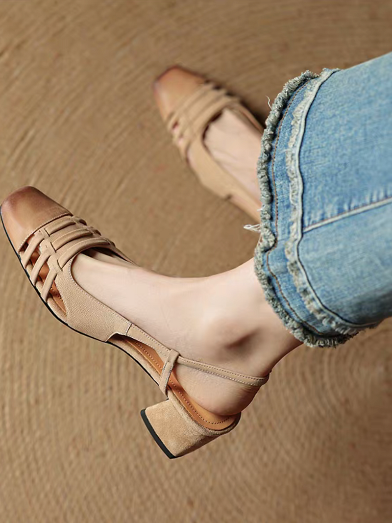 Brushed off lambskin suede weaves sling back low heel sandals 9