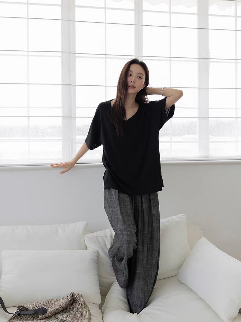 V neck pure cotton boyfriend mid length tee 12