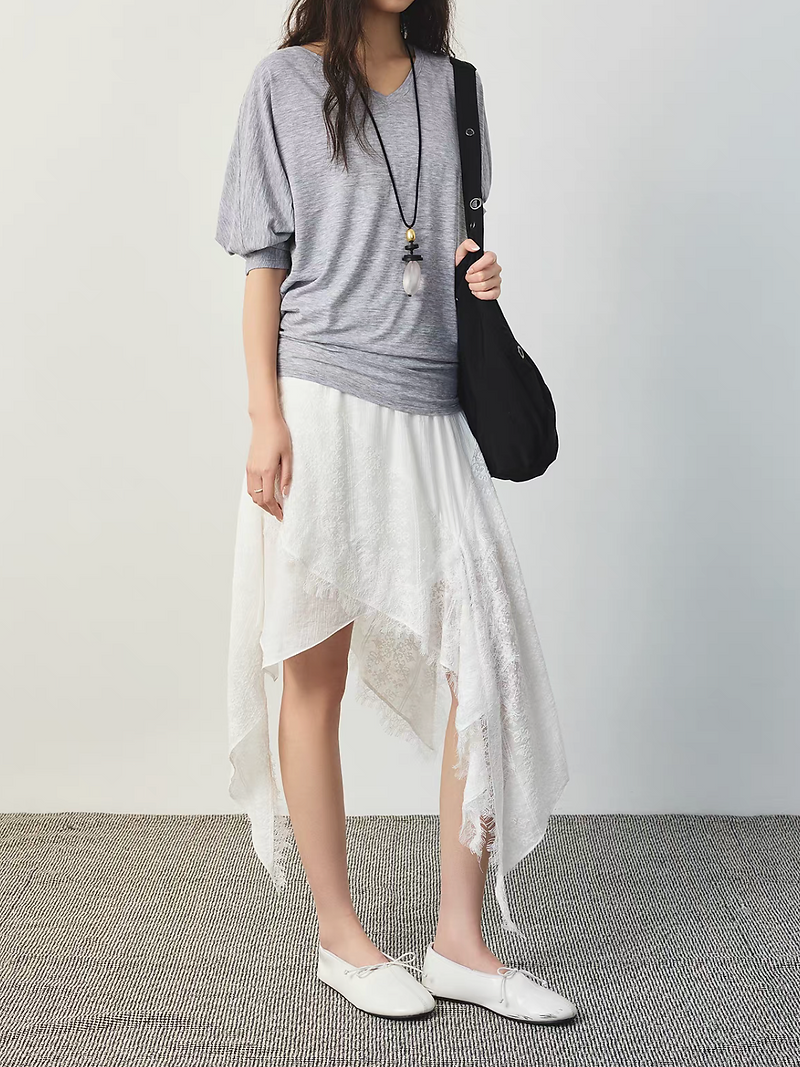 Ivory asymmmetric tencel cotton lined elasticated lace docking lined skirt 8