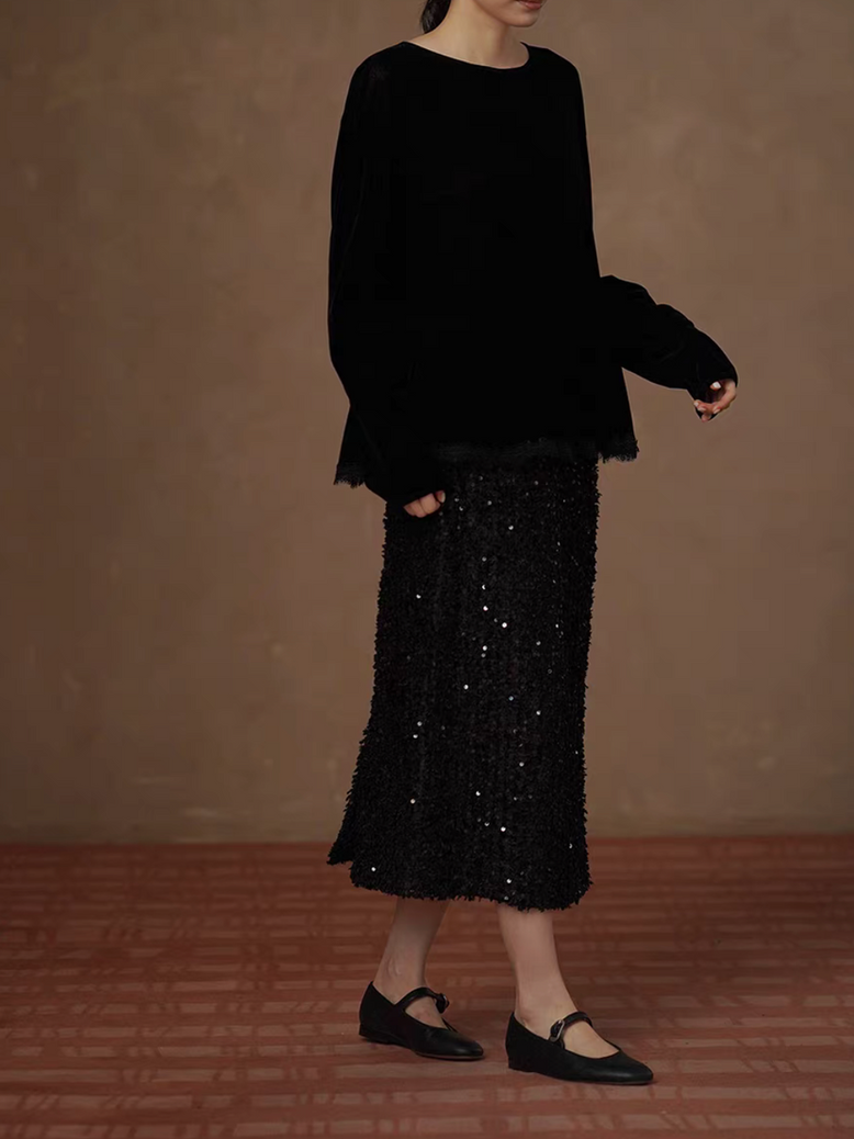 High waised black galaxy sequins poly skirt 8