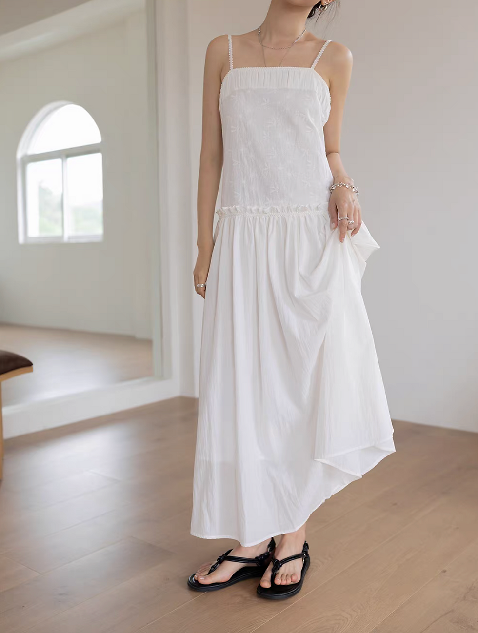 Thumbnail: Embroidered floral ivory cotton tencel rayon lined slipdress