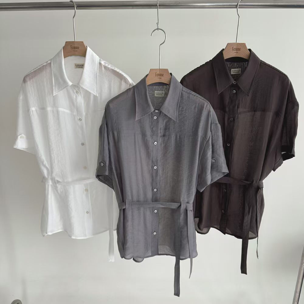 Belted lyocell nylon mid length buttoned sheet shirt 