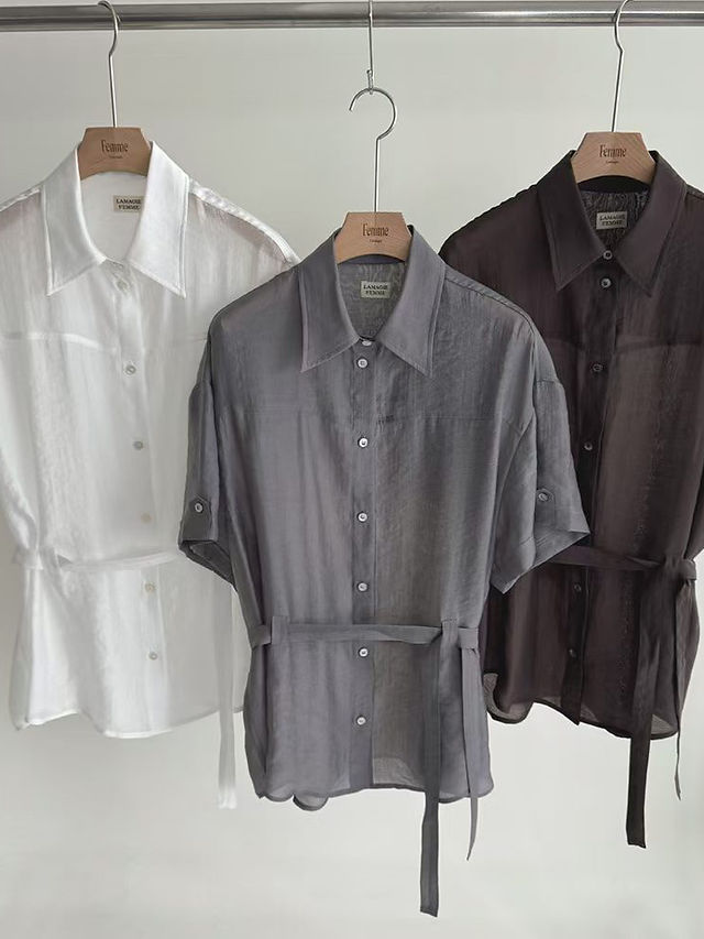Belted lyocell nylon mid length buttoned sheet shirt  4