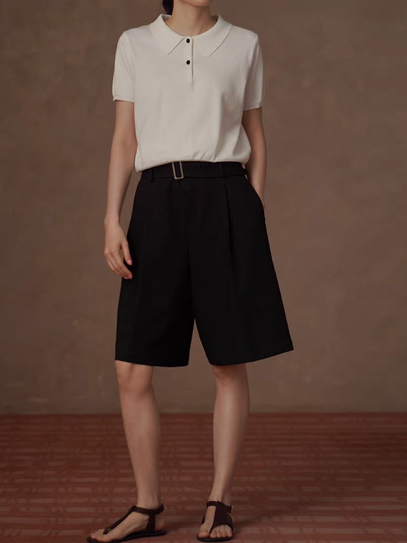 Ivory poly rayon polo buttoned shortsleeved knitted top 2