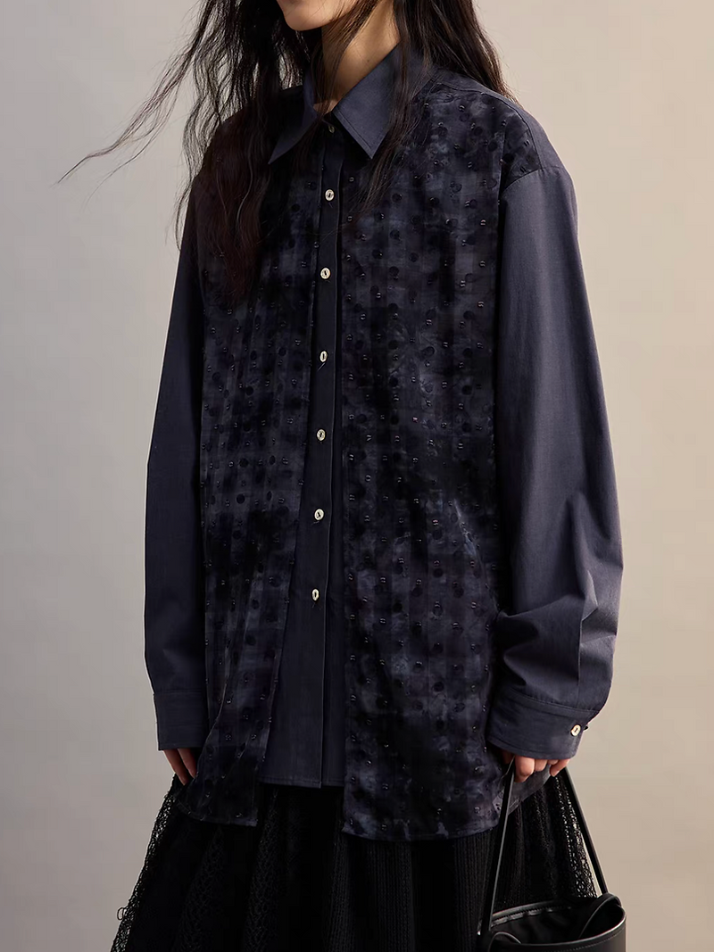 Dark blue checker tencel sheer layered beads deco cotton mid length shirt 10
