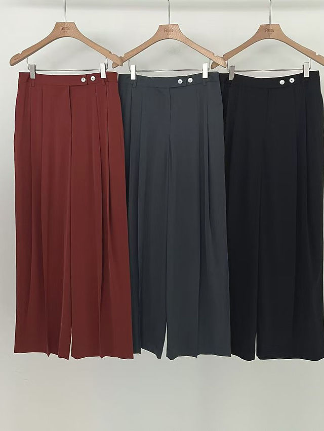 Side double buttoned strap pleated linen rayon straight leg pants  6