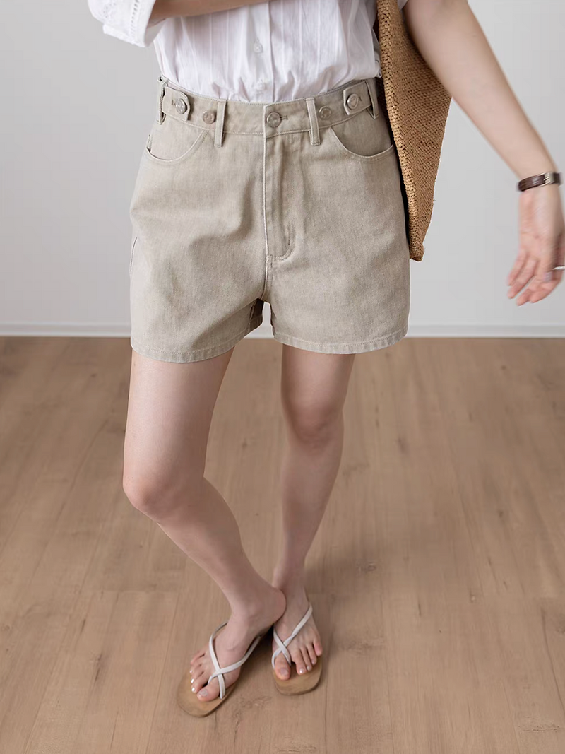 High rise frayed A line buttoned strap denim cotton shorts 7