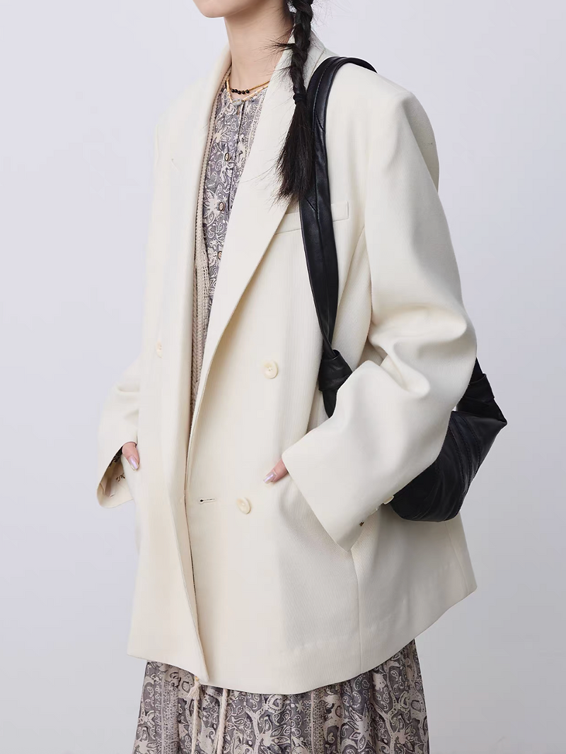 Ivory poly rayon detailed stitches mid length blazer 8
