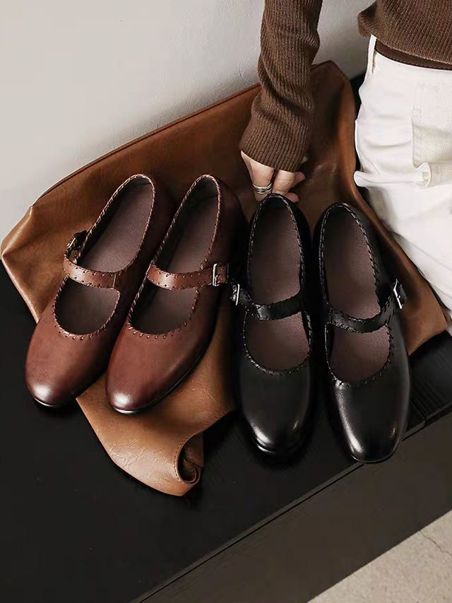 Stitched trim brushed off calf leather Mary Janes 13