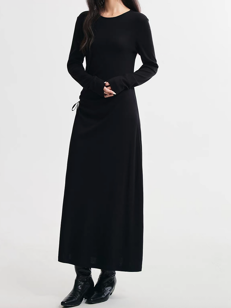 Side pleated ruffled crewneck asymmetric poly rayon knitted dress 5