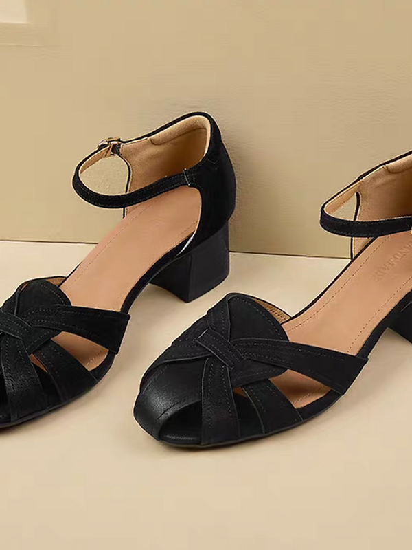 Lambskin weaved chunky heel weaved sandals