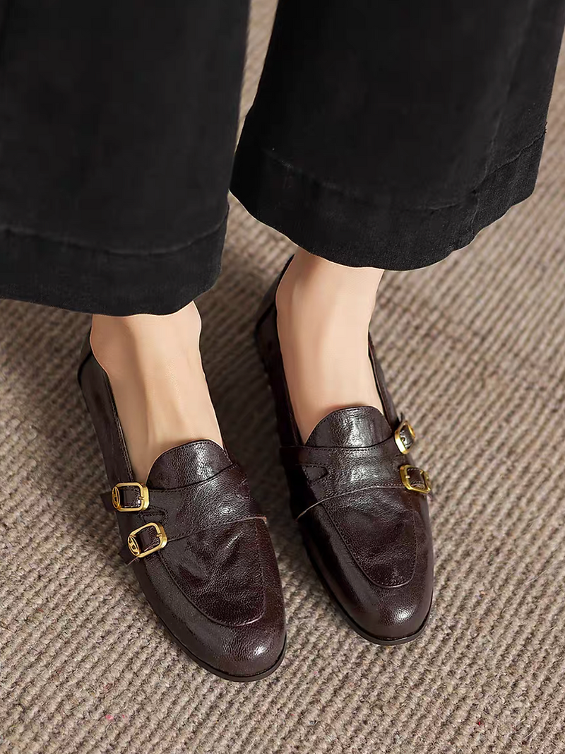 Double buckles contour calf leather embossed loafers 1