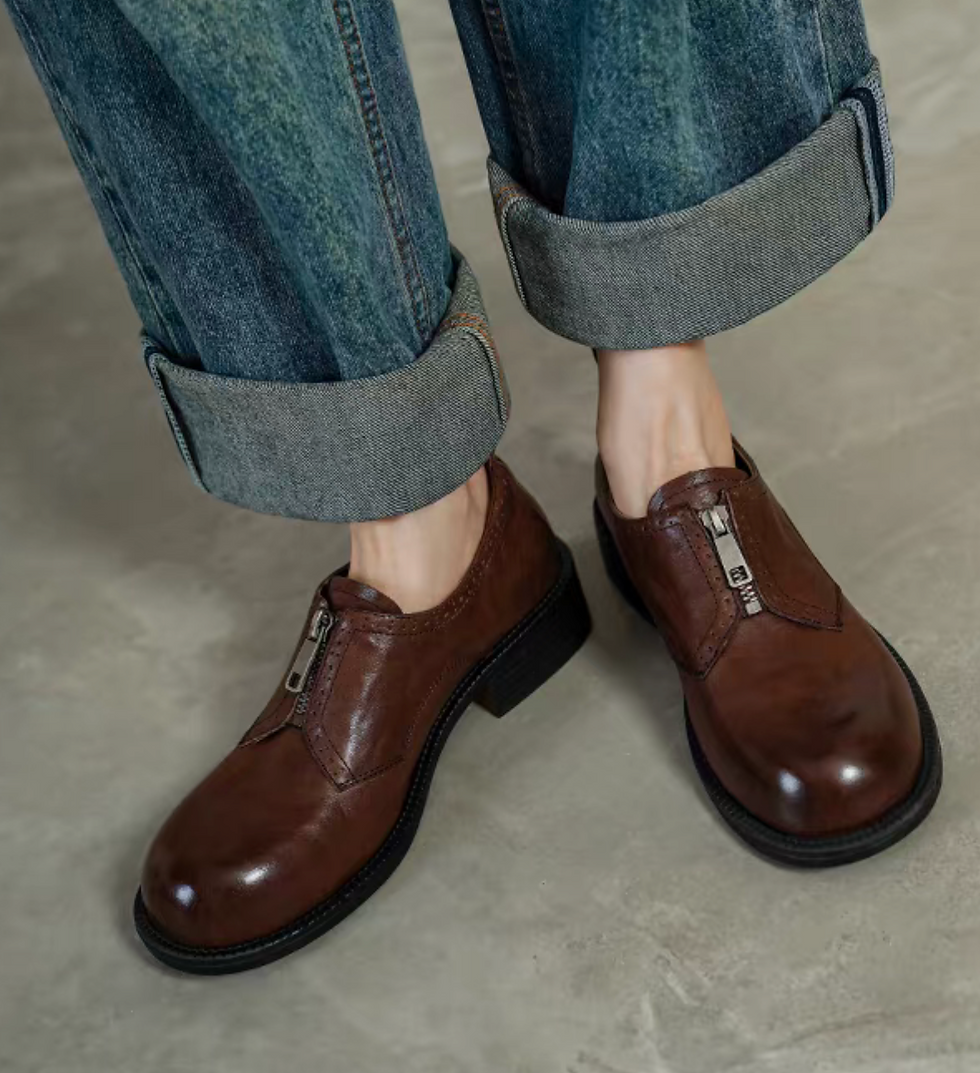 Thumbnail: Zipper brogue calf leather brushed off loafers