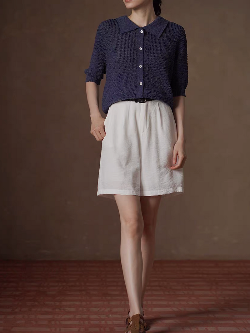 Navy poly knitted polo buttoned top 2