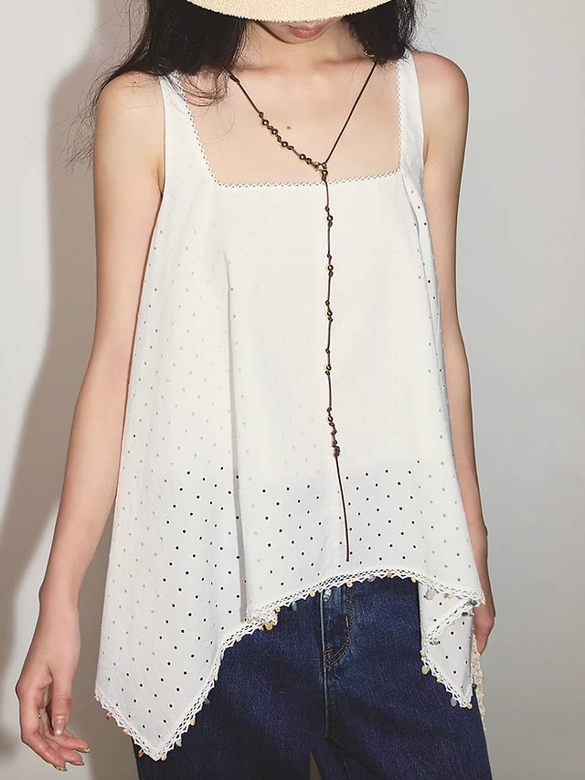 Crochet asymmetric pure cotton lace trim back knot vest 2