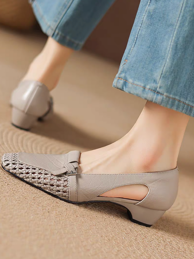 Side weaved strap side crochet lambskin pointy low heels 7