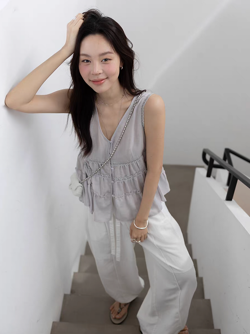 Lyocell tencel linen laced trim V neck sheer vest 6