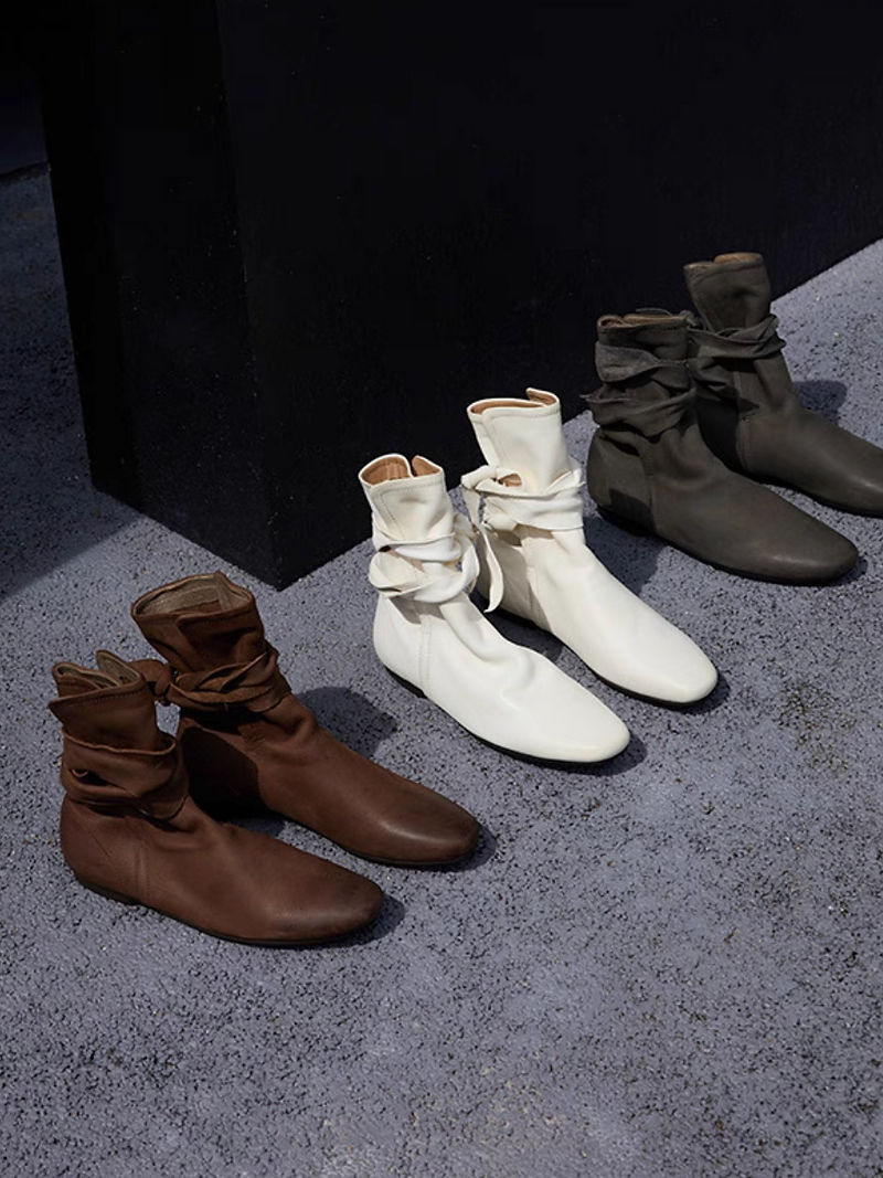 Made in Paris sheep skin ankle lacing strap ruffle boots 3