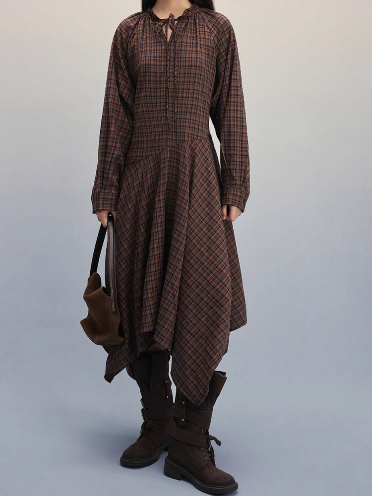 Asymmetric brick navy checker drawstring cotton linen rayon dress 1