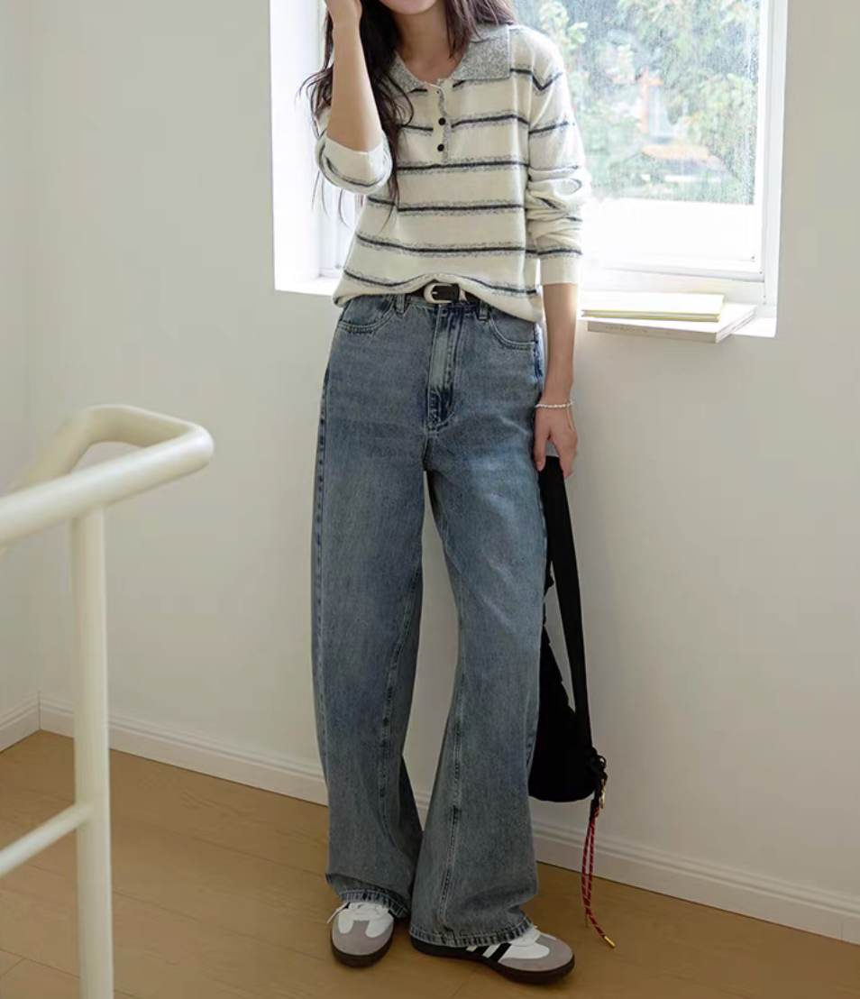 Thumbnail: High waisted acid washed denim straight pants