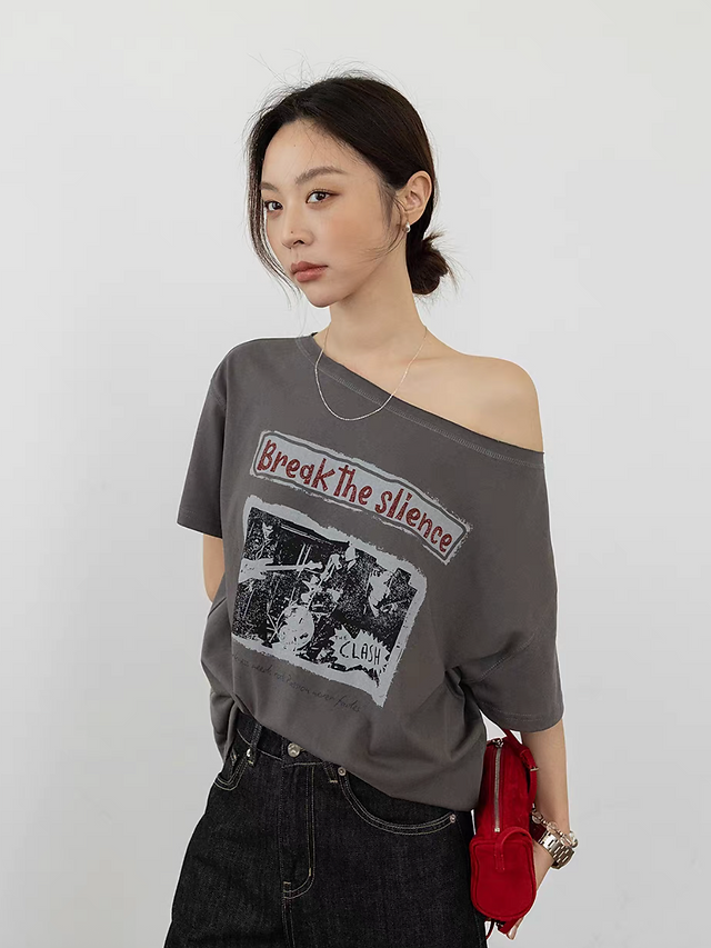 One shoulder digital print cotton rayon tee 7