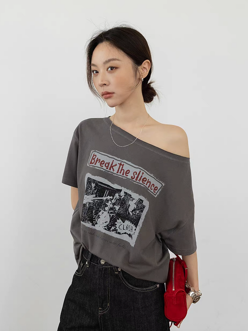 One shoulder digital print cotton rayon tee 7