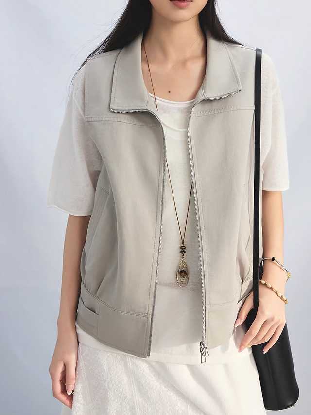 Beige sora zipper side buckle straps two way polo cotton linen vest 2