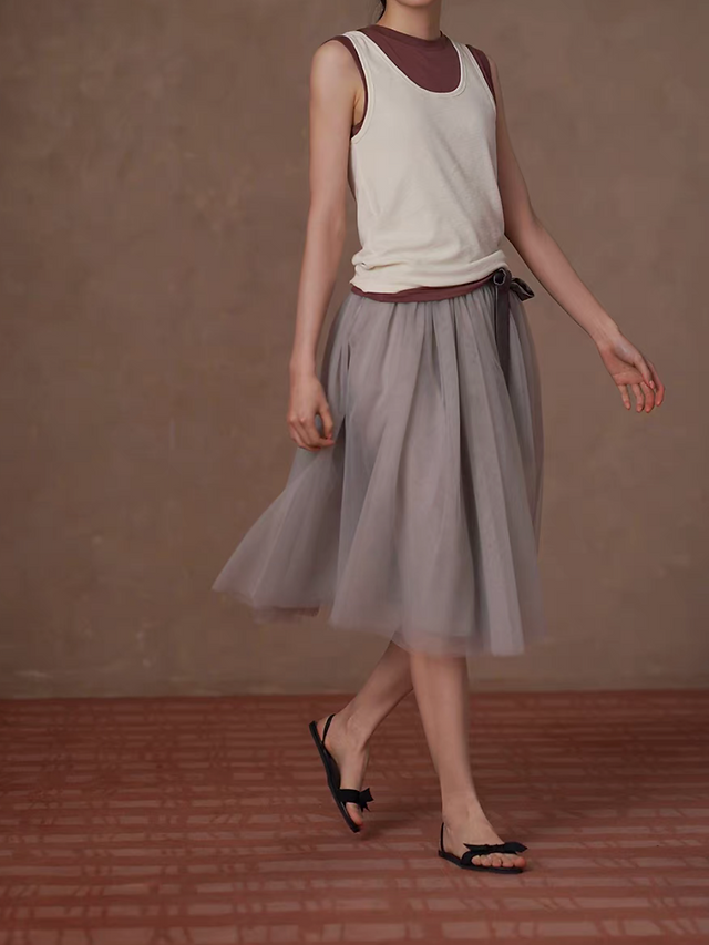 High waisted zipper beige grey organza valour belt table skirt 7