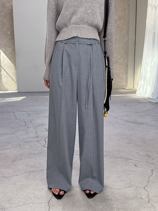 Striped belted cotton rayon pleated straight pants  6