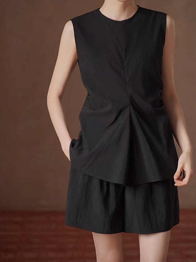 Black lyocell linen back buttoned side pleated vest + shorts set 5