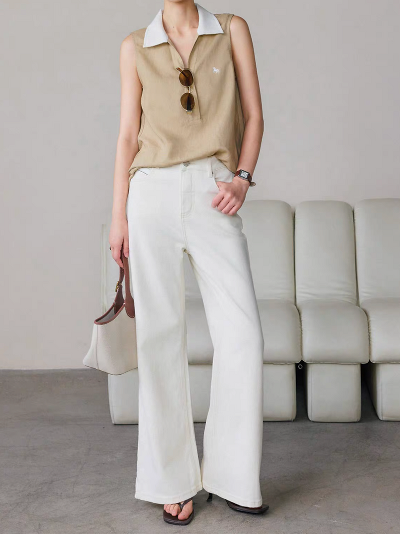 Embroidered pony khaki white cotton linen polo vest 8