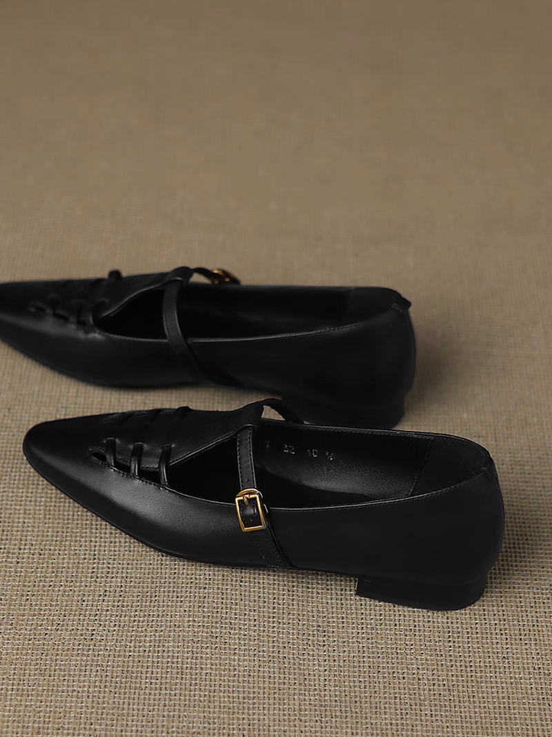 Weaved calf leather T strap pointy Mary Janes 10