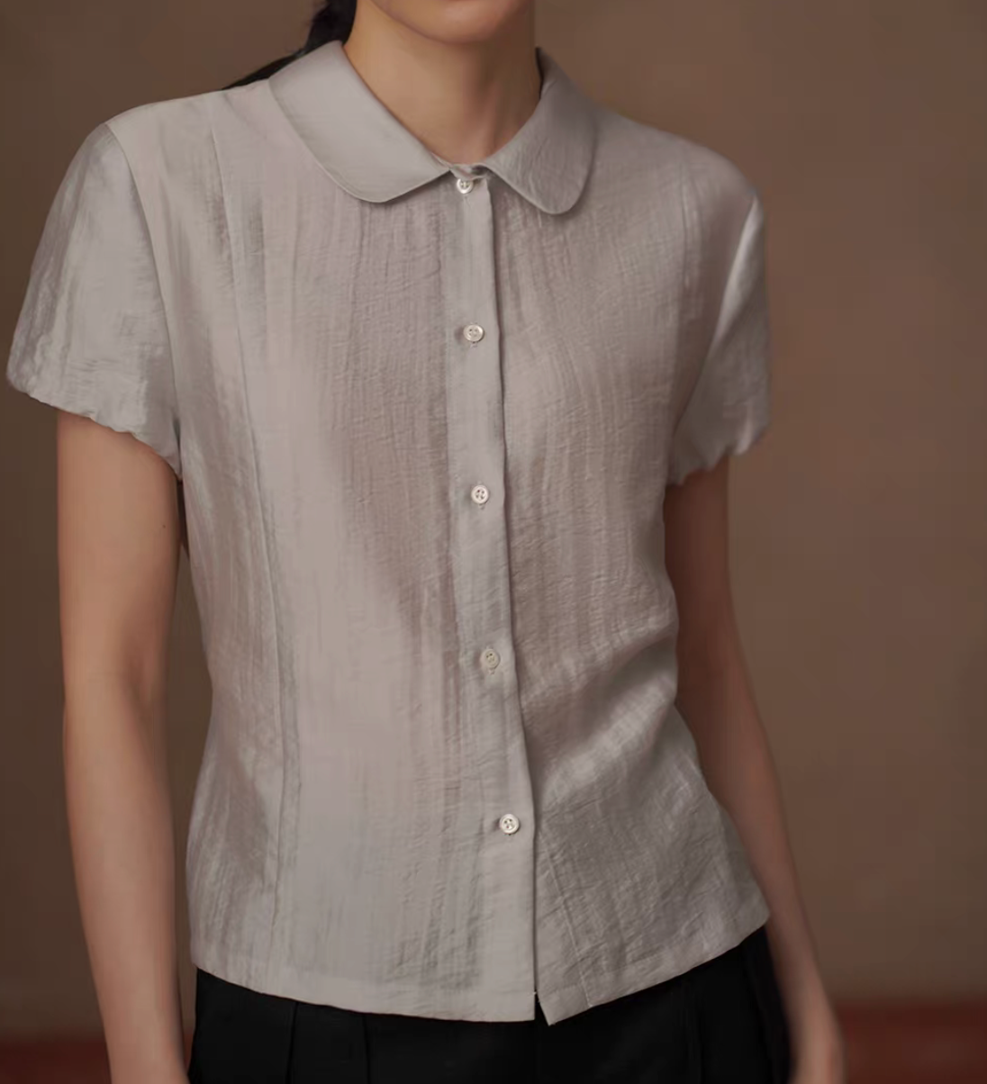 Lyocell tencel poly Peter Pan collar sora grey back knot shirt / blouse