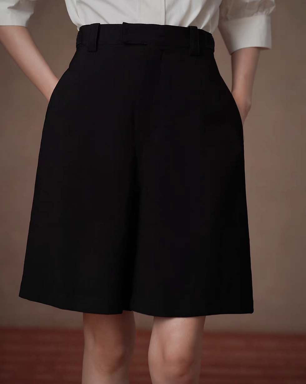 Thumbnail: High waisted side adjusted buckle strap pleated poly rayon black shorts