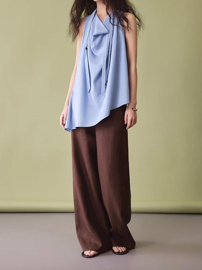 Sky blue asymmetric lyocell linen side slit collaratte vest 4