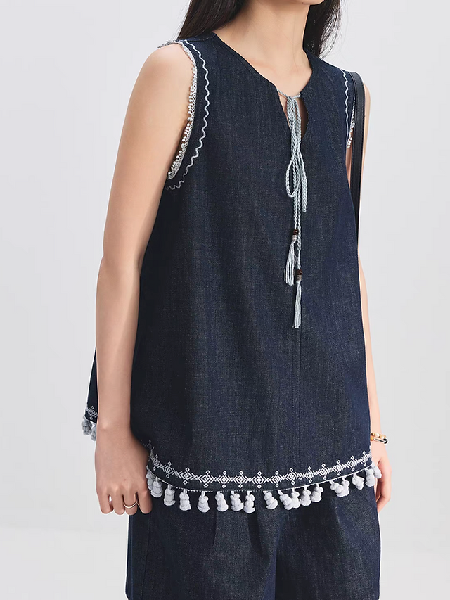 Drawstring dark navy tassels frills denim boxy vest 2