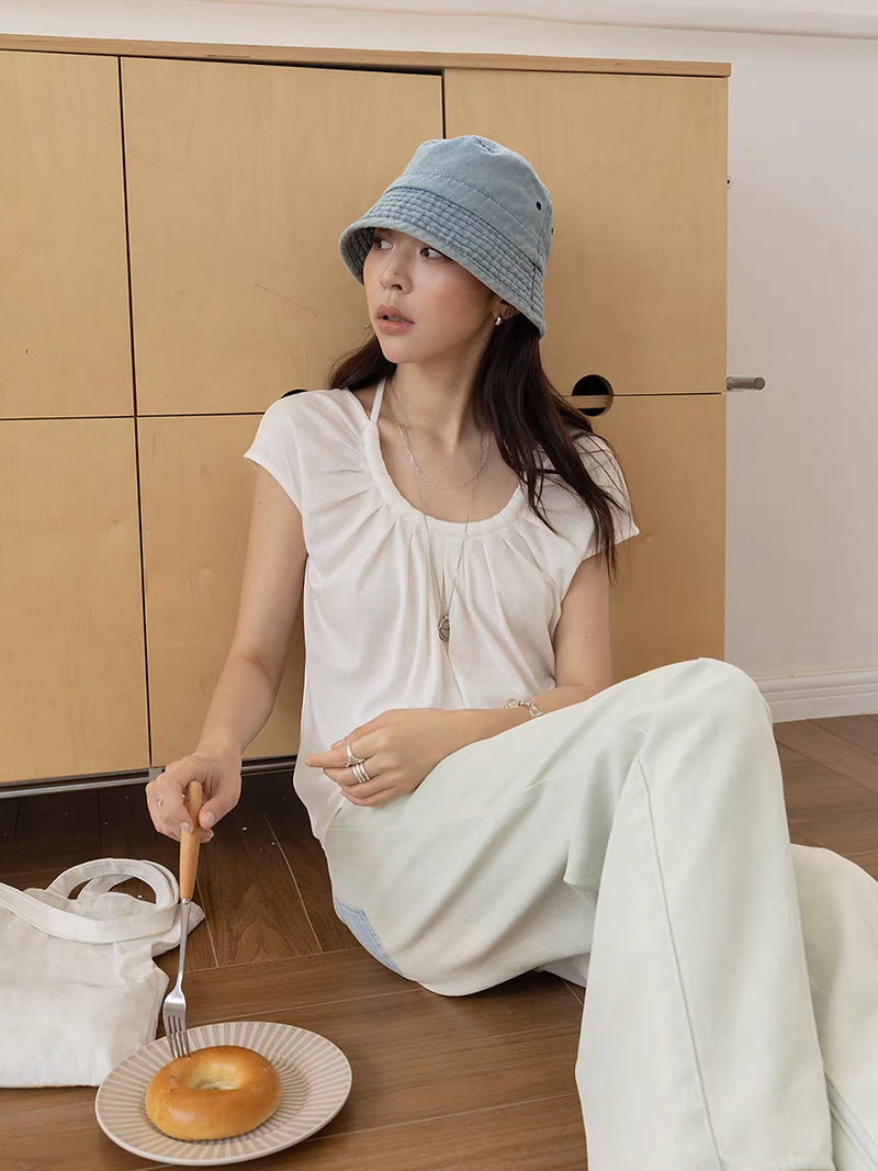 Lyocell cotton poly back adjusted strap U neck tee 1