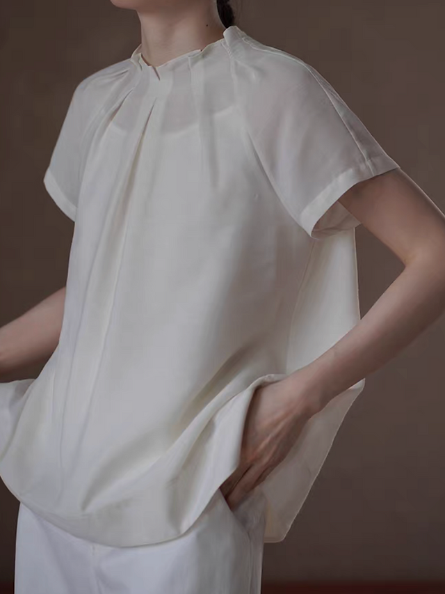 Linen rayon pleated back shell buttoned sheer blouse + camisole set 1