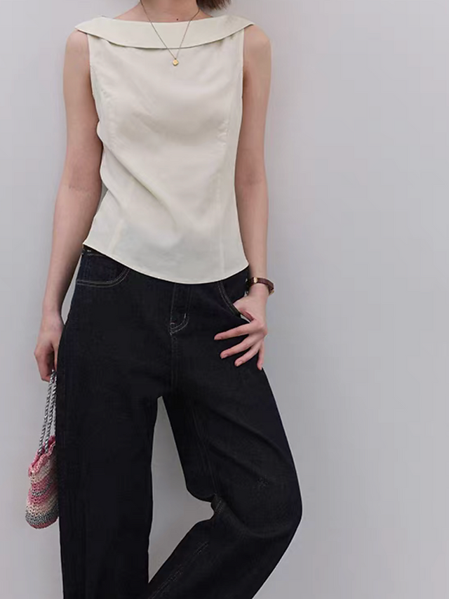 Folded asymmetric collar beige cotton slim cut vest 6
